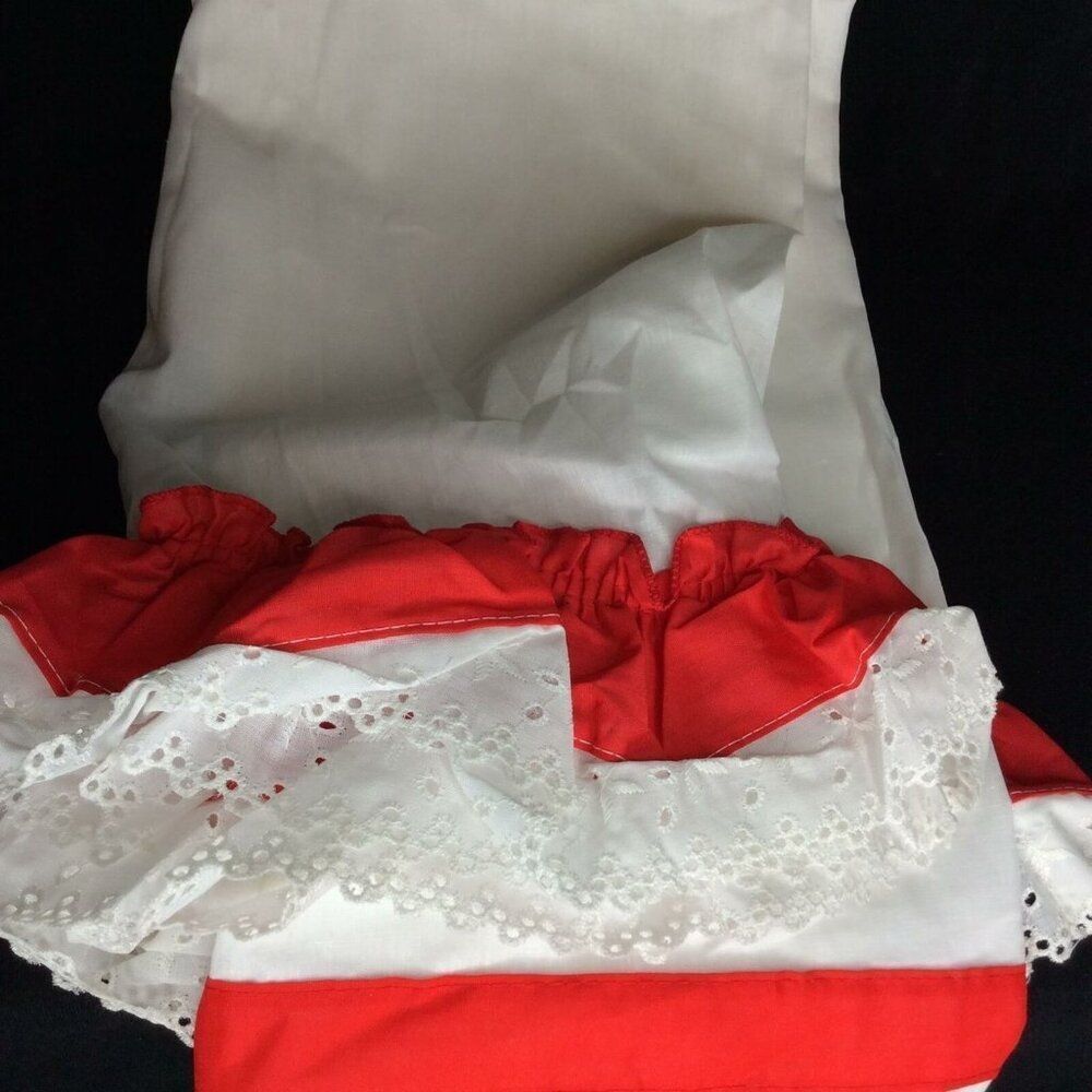 Vintage Curtains White Eyelet Lace Ruffled Red Farmhouse Cafe One Pair 44"